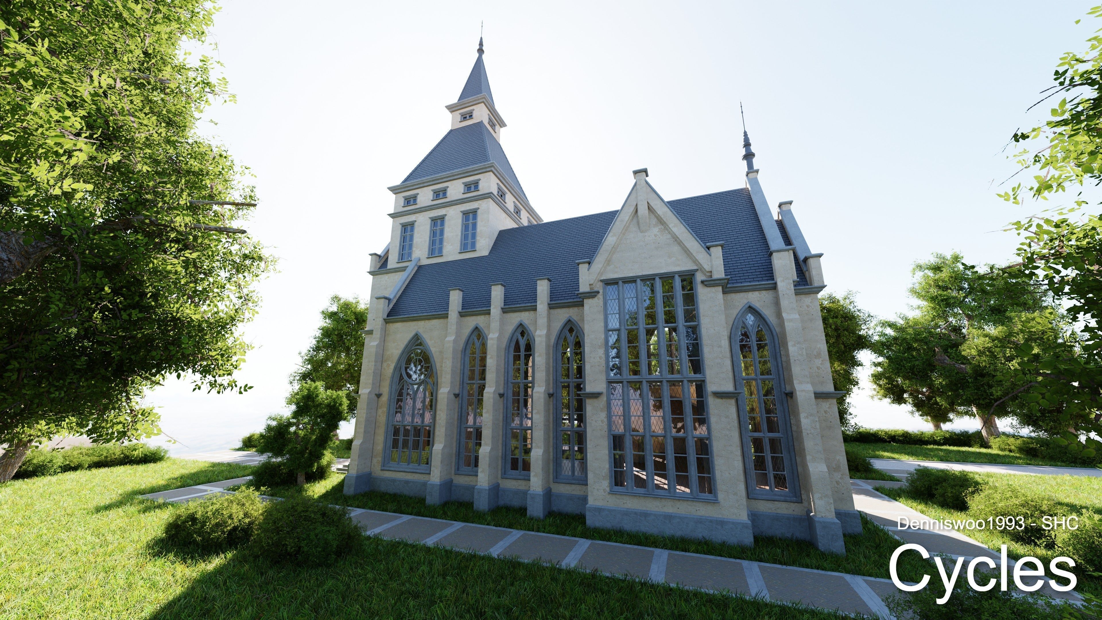 Classic great hall with tower - Church with interior Low-poly 3D model_4