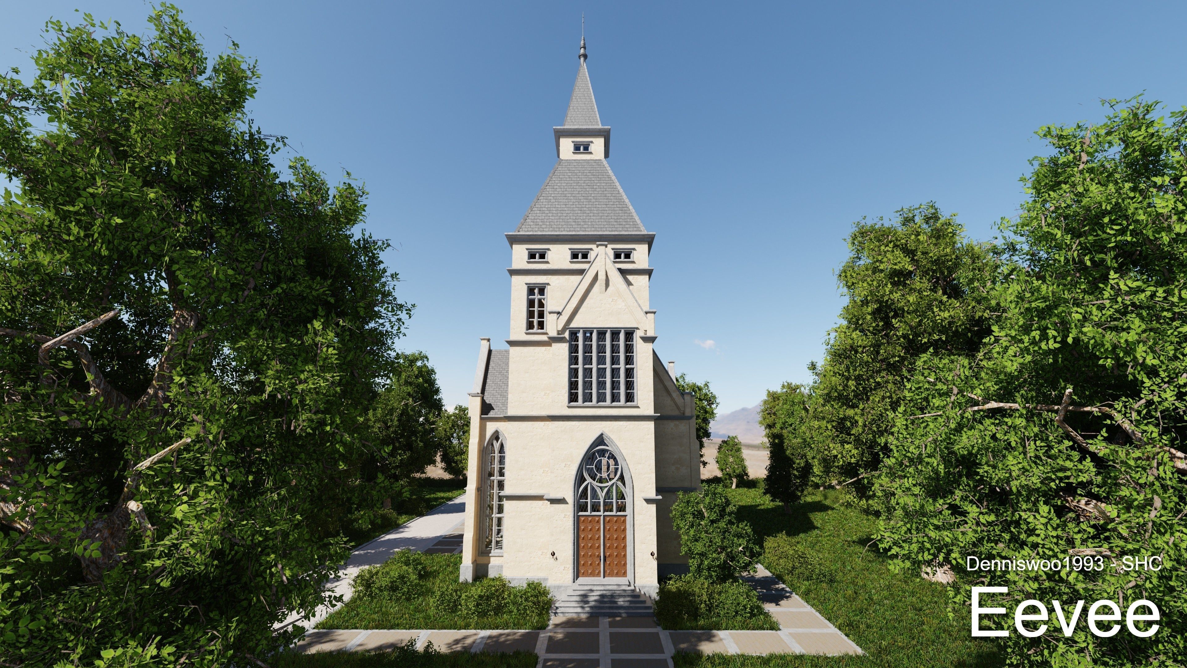 Classic great hall with tower - Church with interior Low-poly 3D model_24