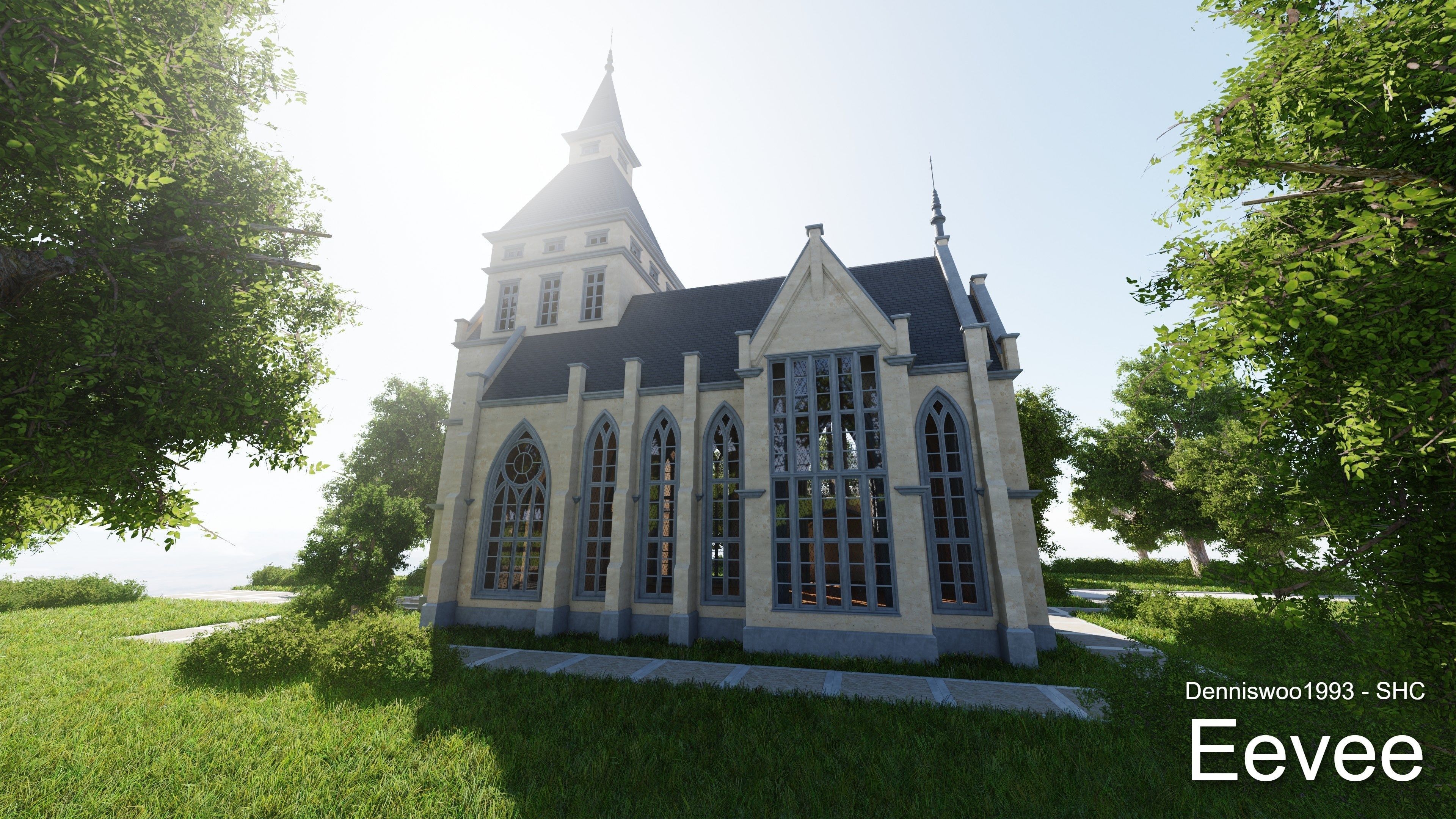Classic great hall with tower - Church with interior Low-poly 3D model_26