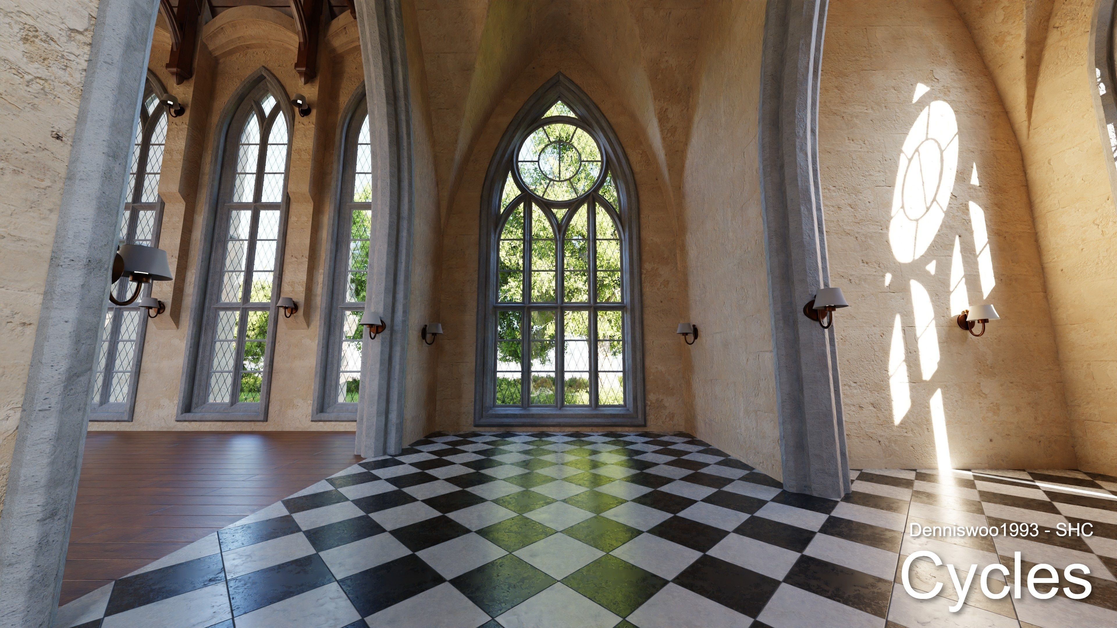 Classic great hall with tower - Church with interior Low-poly 3D model_15