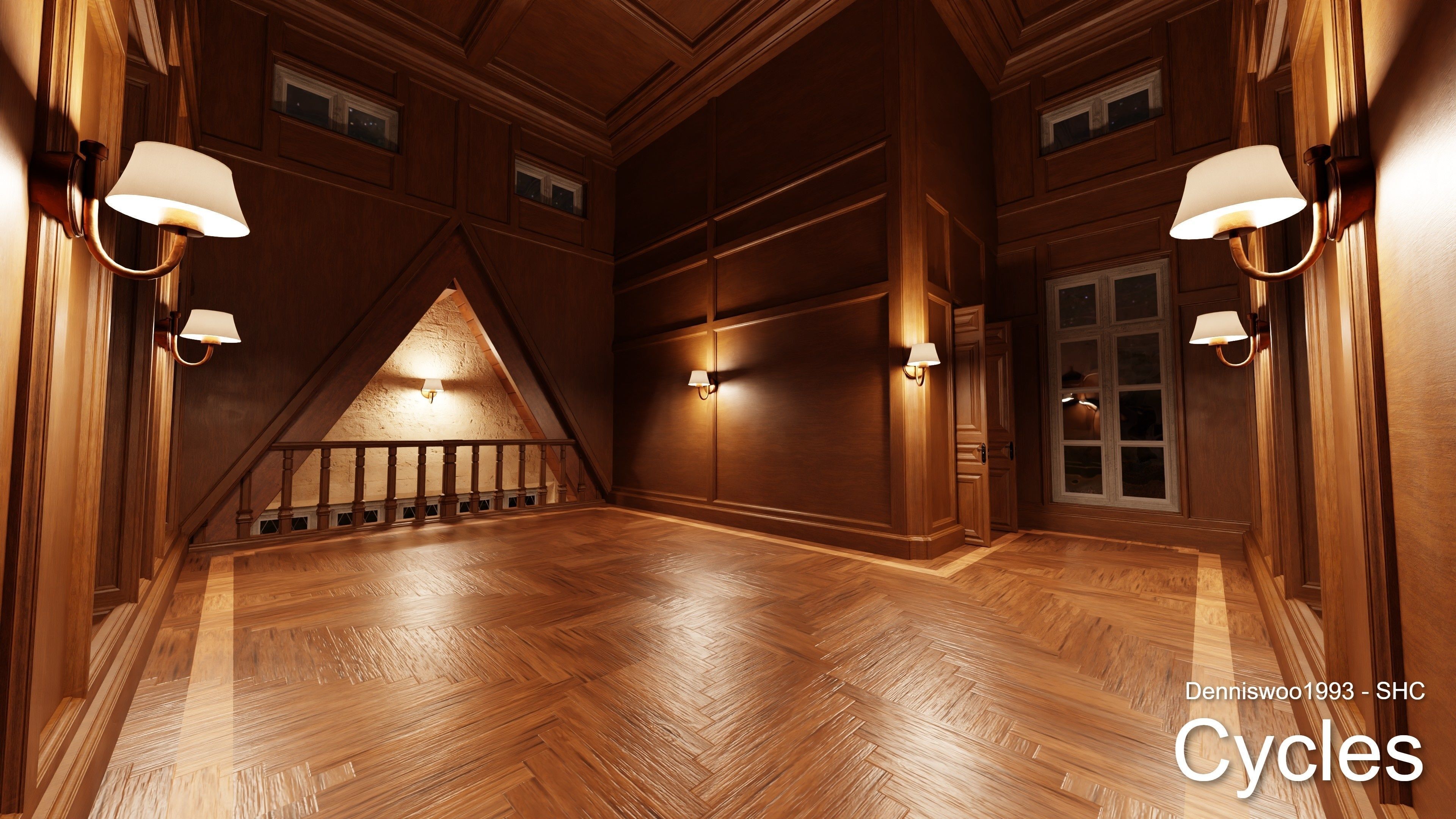 Classic great hall with tower - Church with interior Low-poly 3D model_21