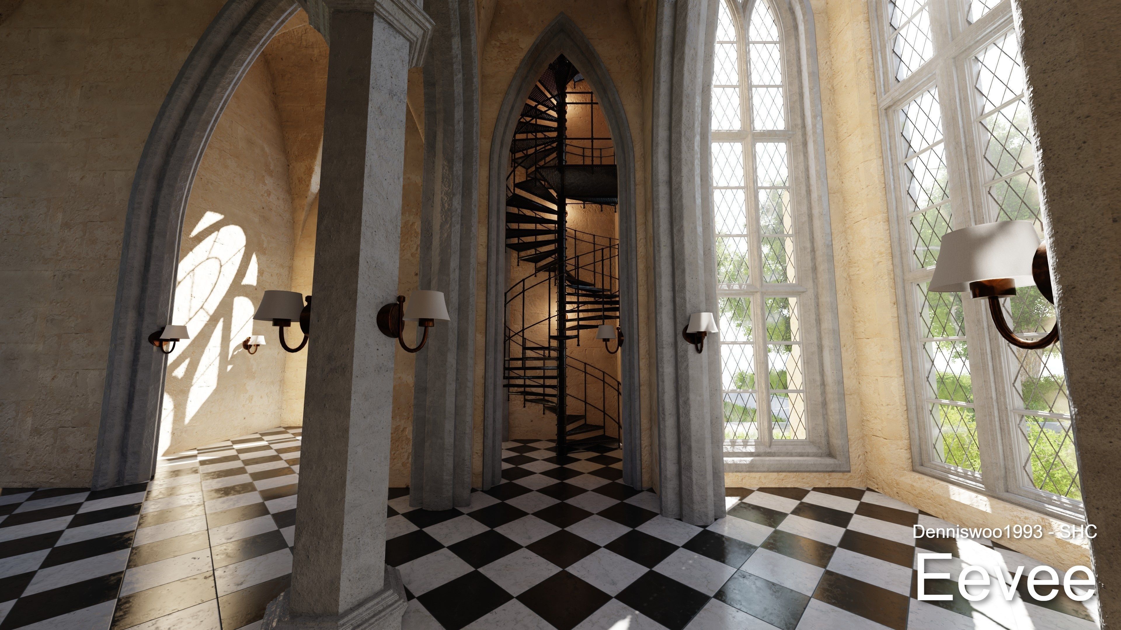 Classic great hall with tower - Church with interior Low-poly 3D model_32