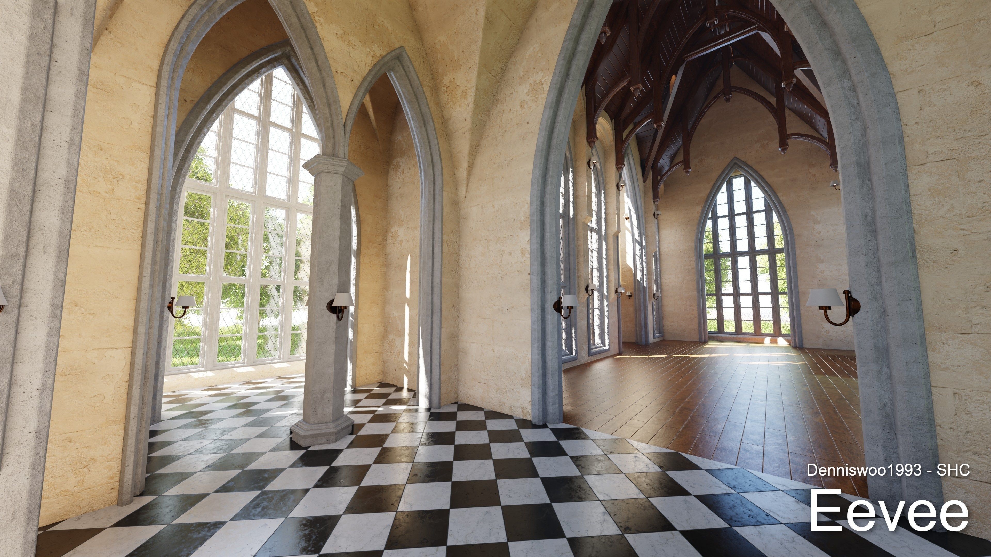 Classic great hall with tower - Church with interior Low-poly 3D model_25
