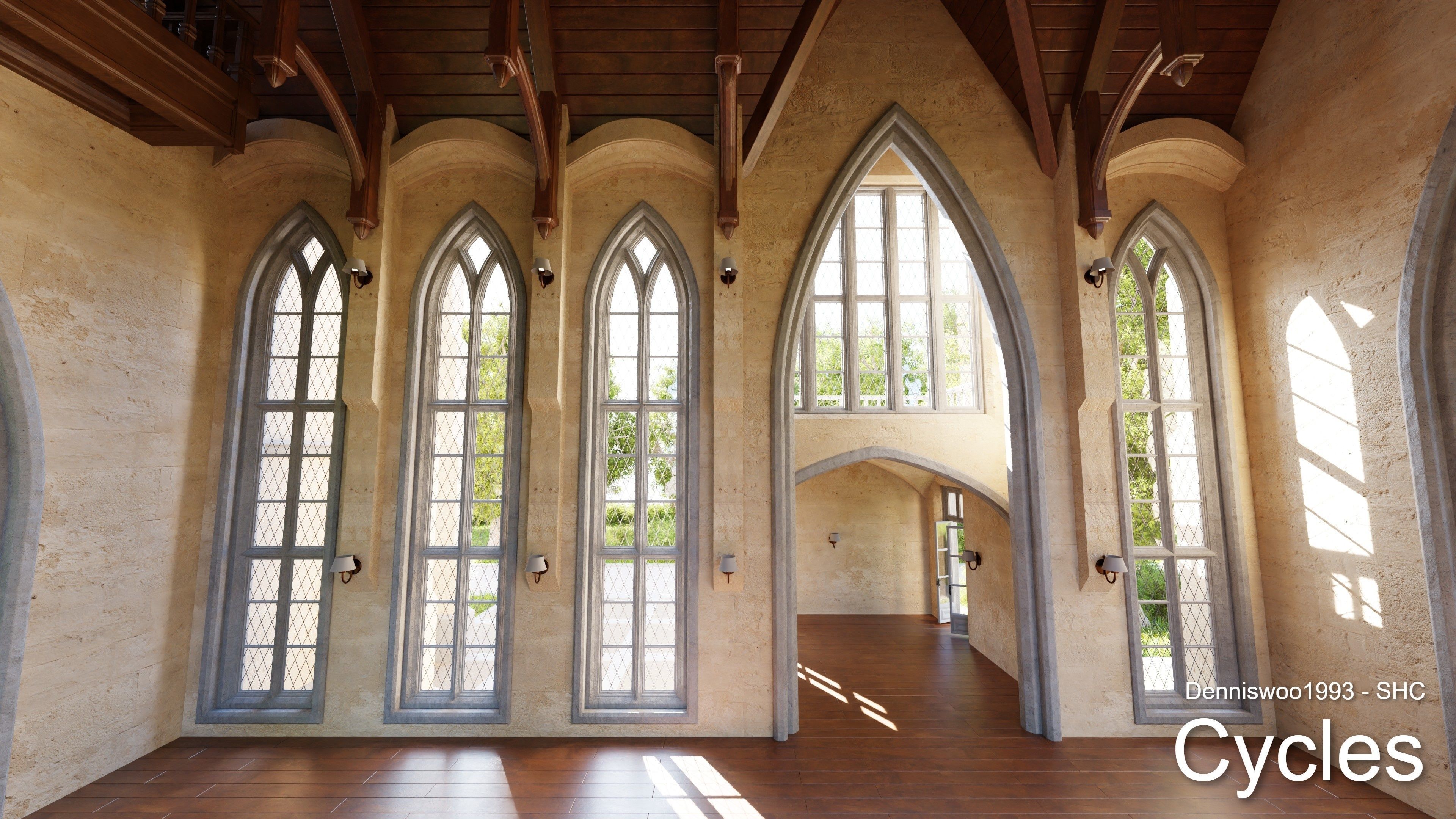 Classic great hall with tower - Church with interior Low-poly 3D model_10