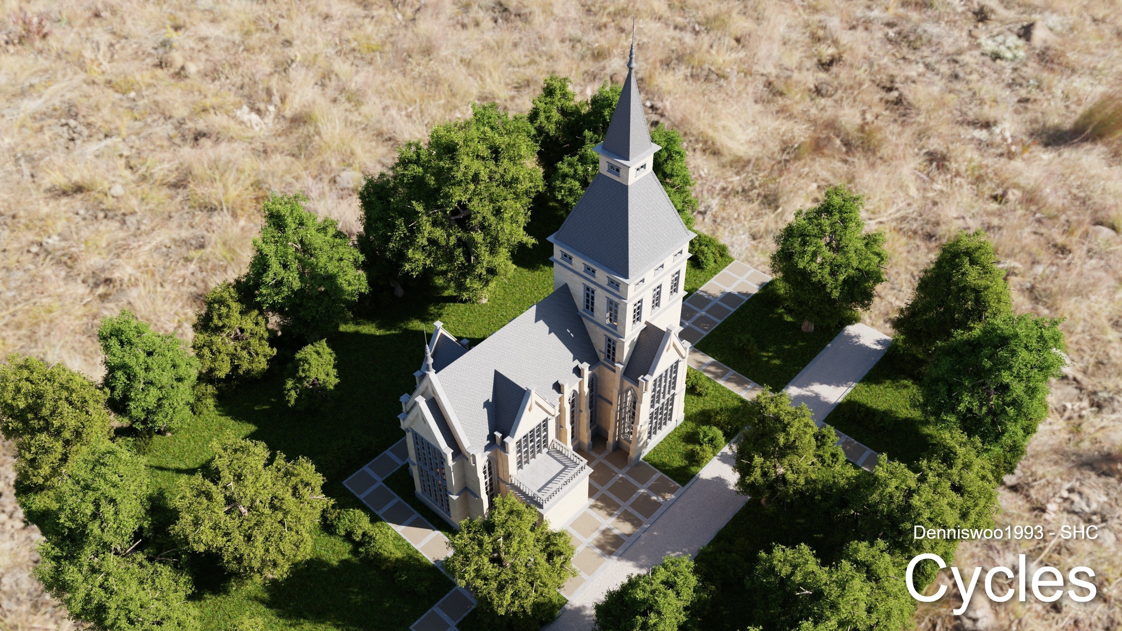 Classic great hall with tower - Church with interior Low-poly 3D model_13