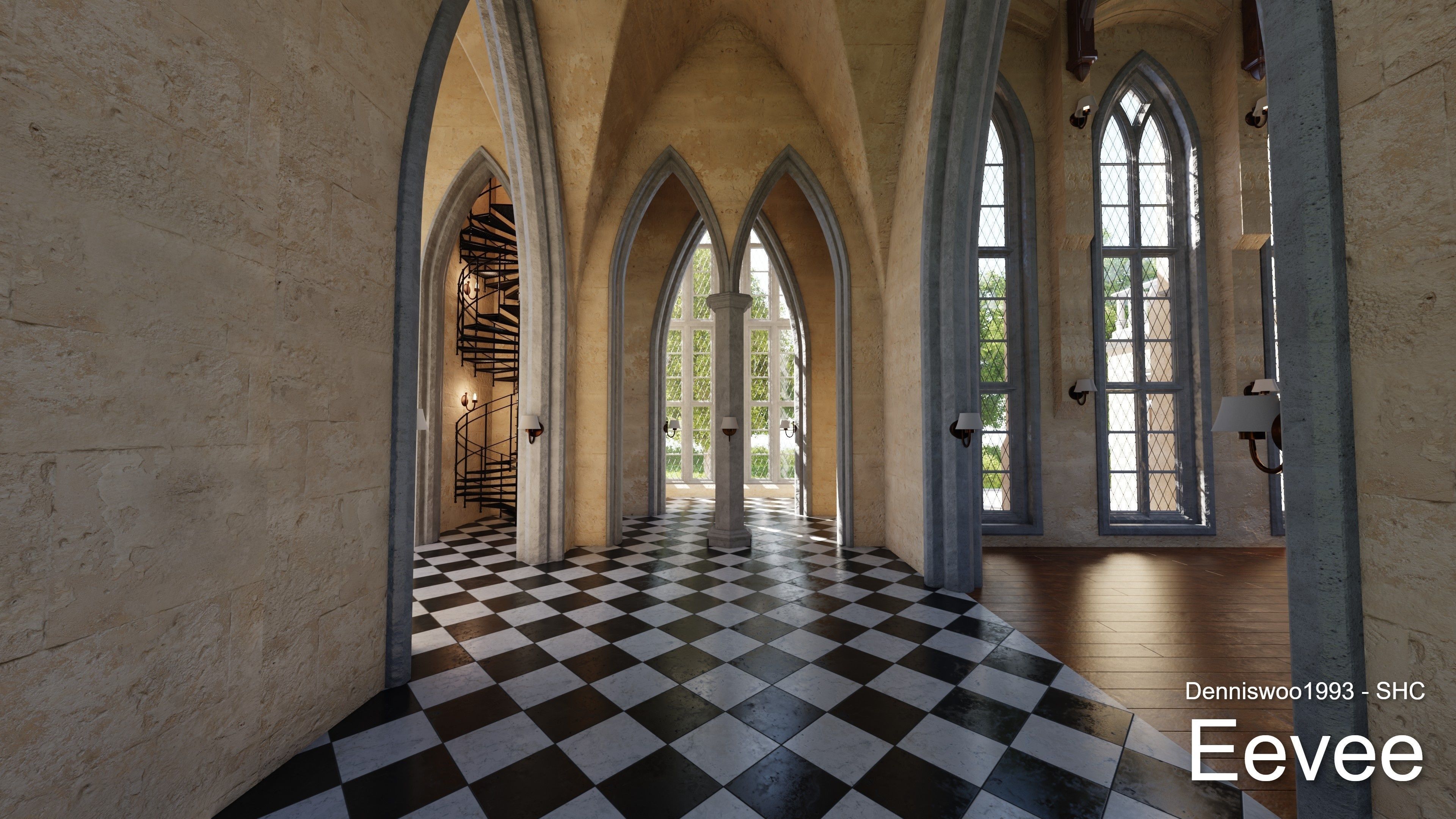 Classic great hall with tower - Church with interior Low-poly 3D model_36