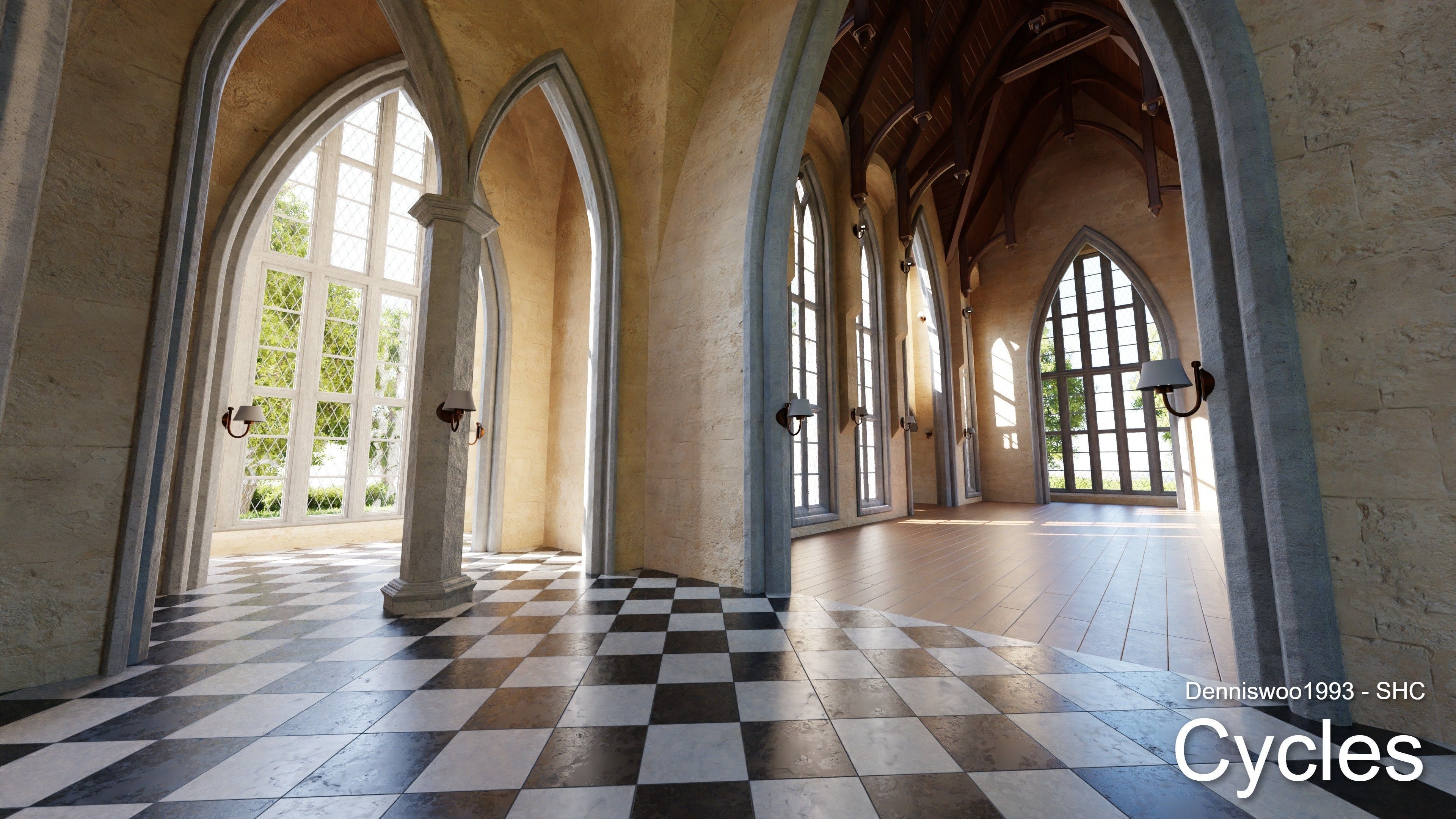 Classic great hall with tower - Church with interior Low-poly 3D model_3