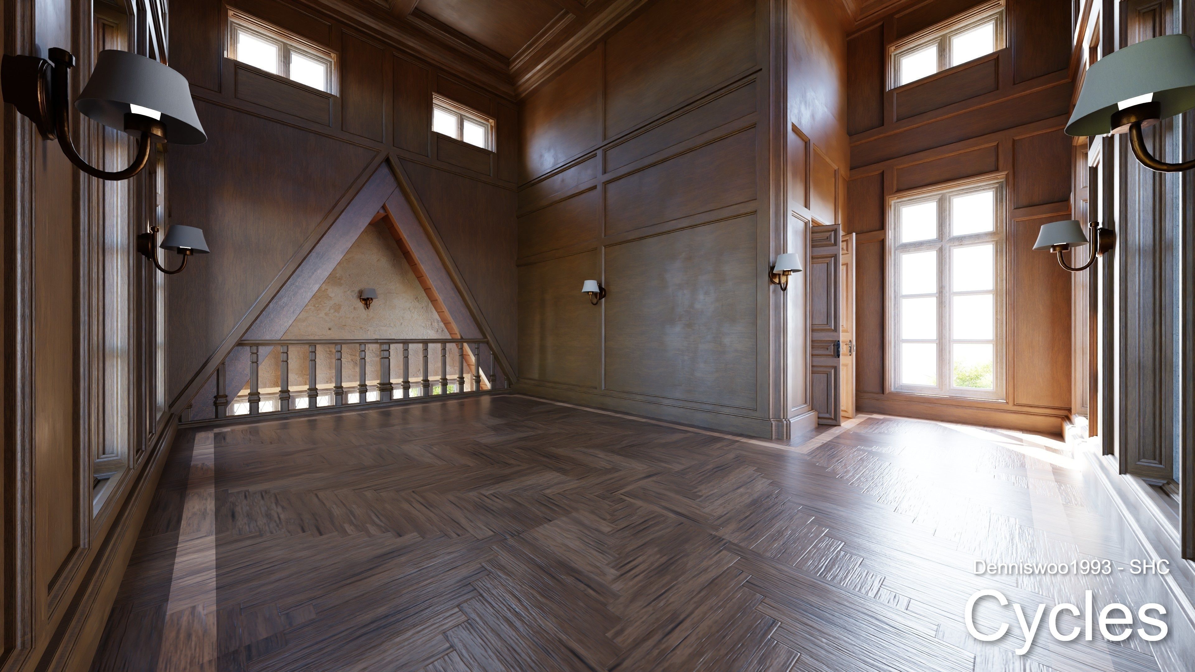 Classic great hall with tower - Church with interior Low-poly 3D model_9