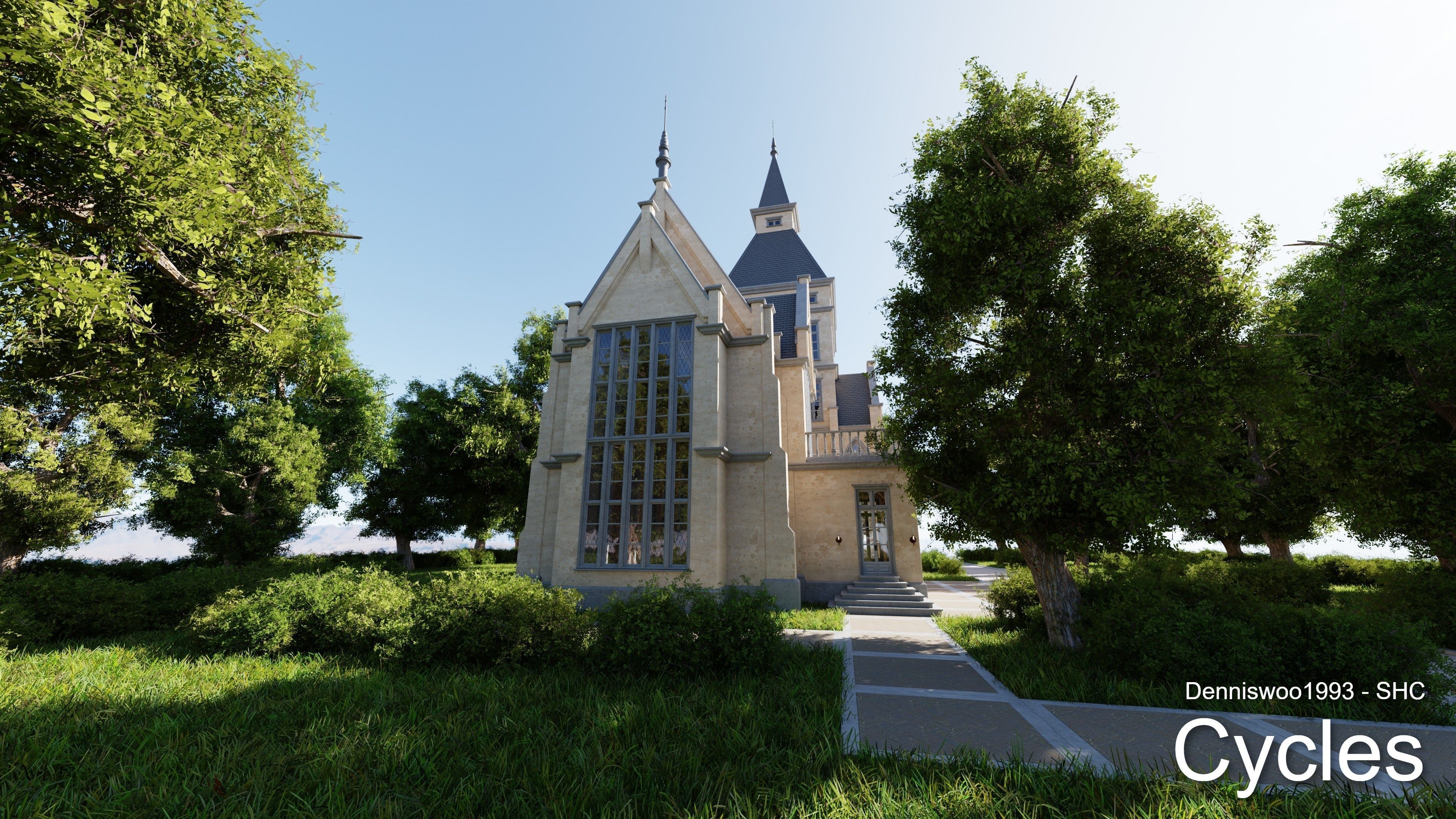 Classic great hall with tower - Church with interior Low-poly 3D model_8