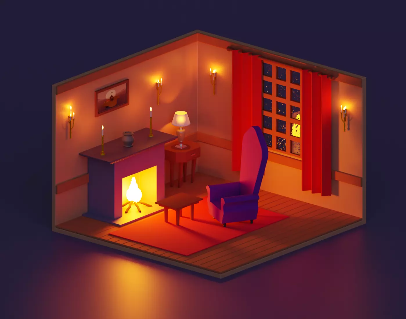 Isometric Hearth Room Low-poly 3D model_0