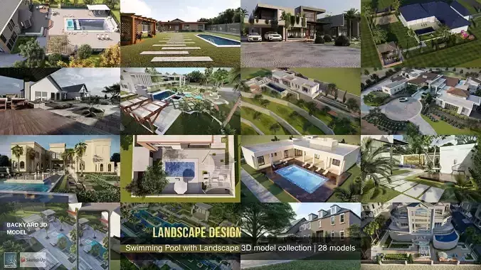 Swimming Pool with Landscape 3D model collection 