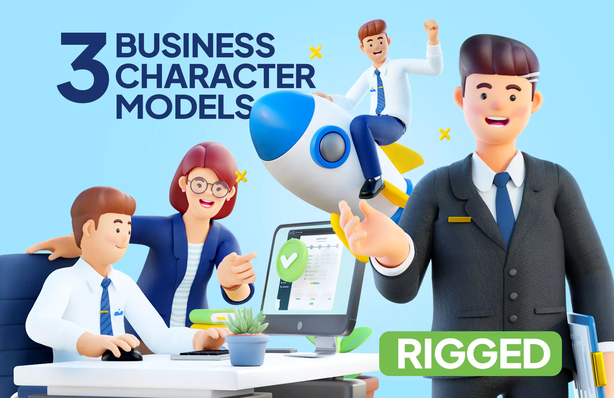 Simple Characters Office Team - Business Woman - Businessman 3D model_0