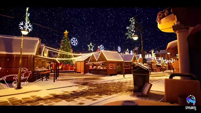 Modular Stylized Christmas Market Low-poly 3D model
