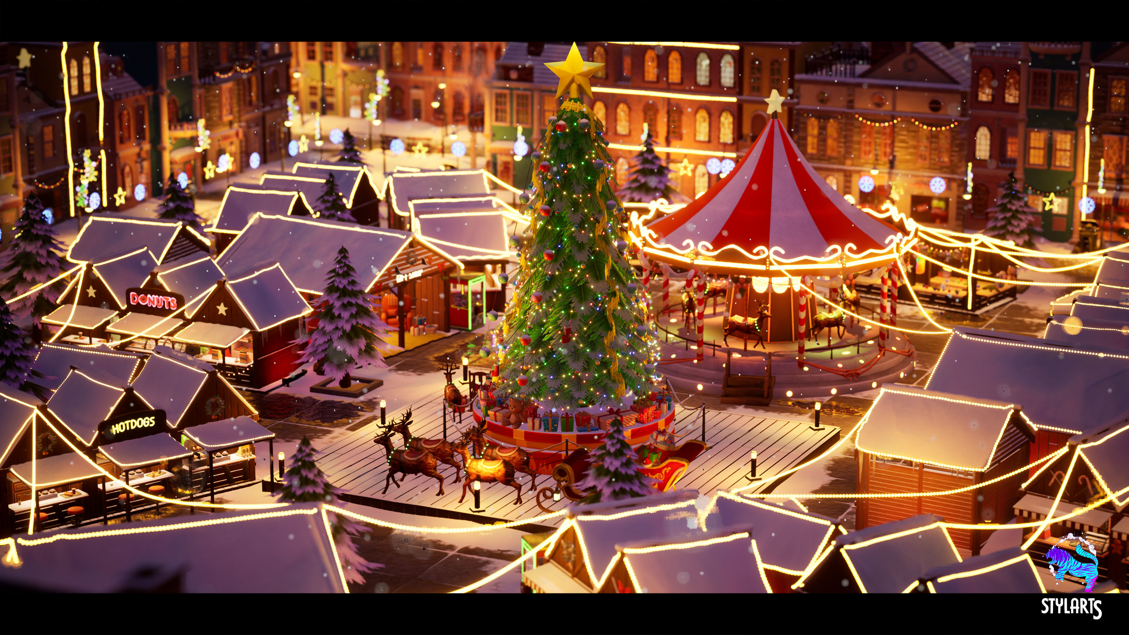 Modular Stylized Christmas Market Low-poly 3D model_5