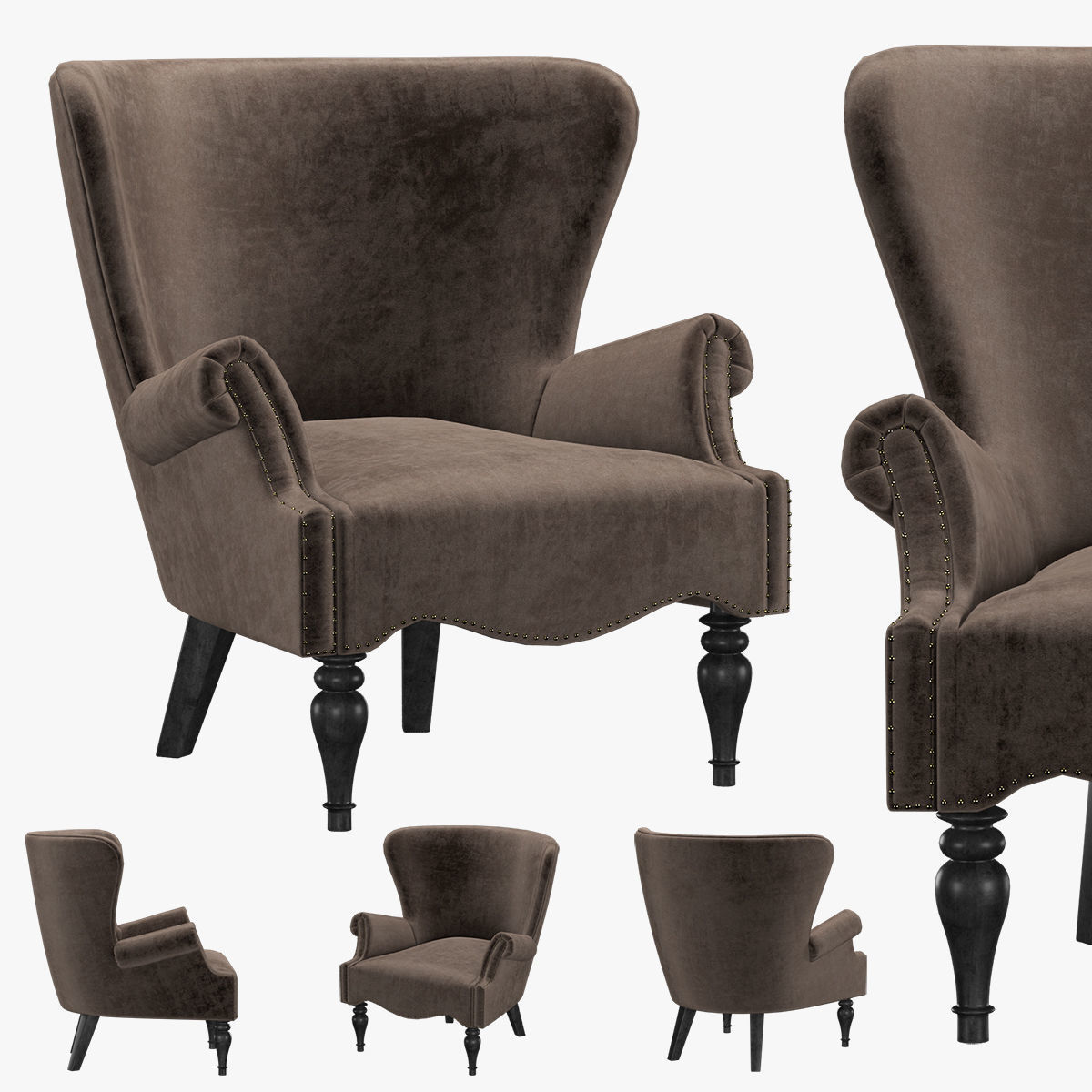 English Club Velvet Chair Wings 3D model_7