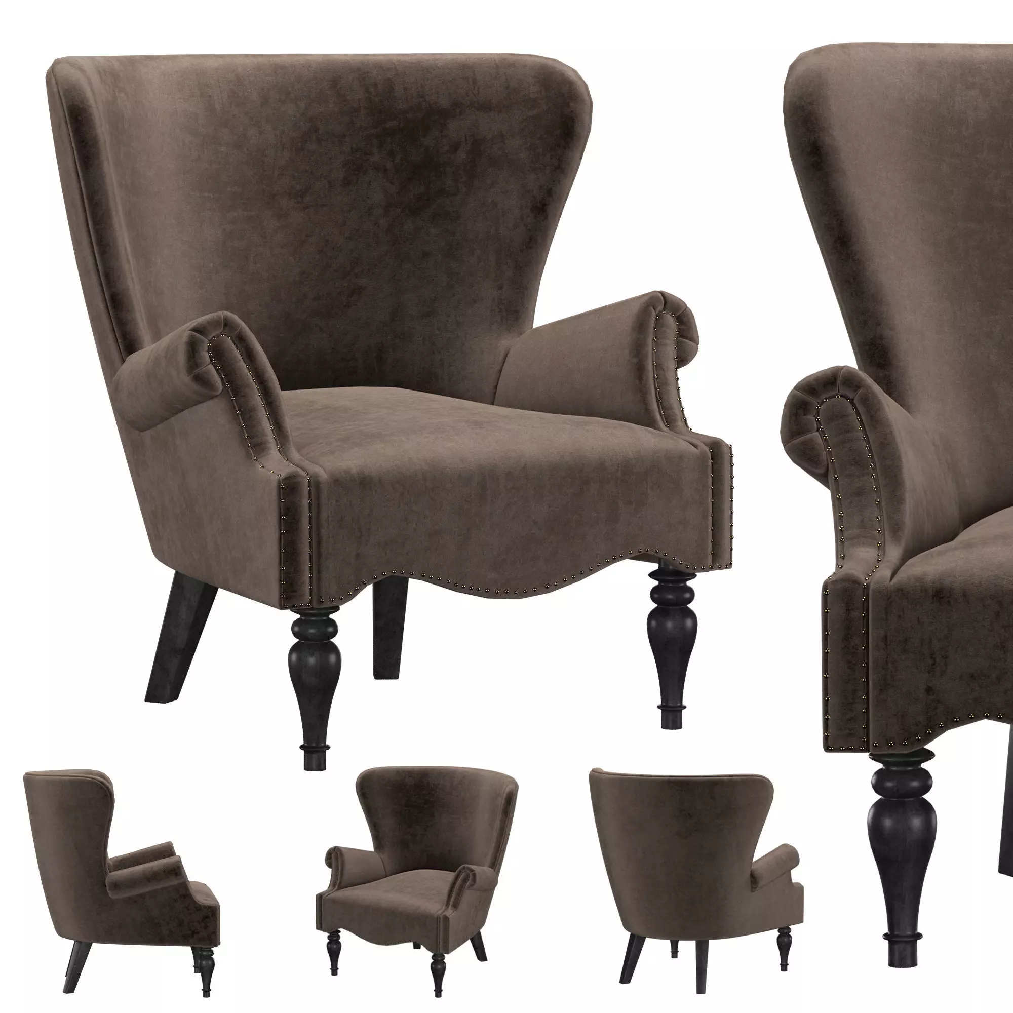 English Club Velvet Chair Wings 3D model_0