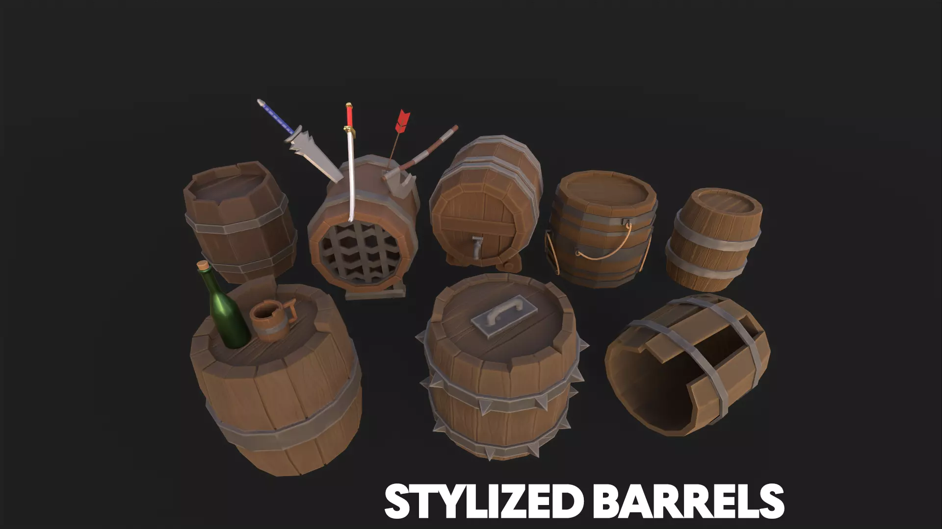 Stylized Barrels Pack  Low-poly 3D model_0
