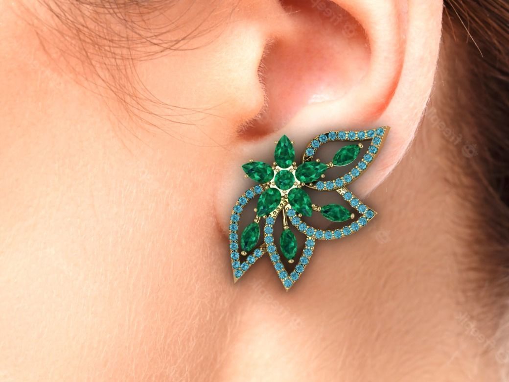 Earring in the shape of a flower with leaves in diamonds 3D print model_2
