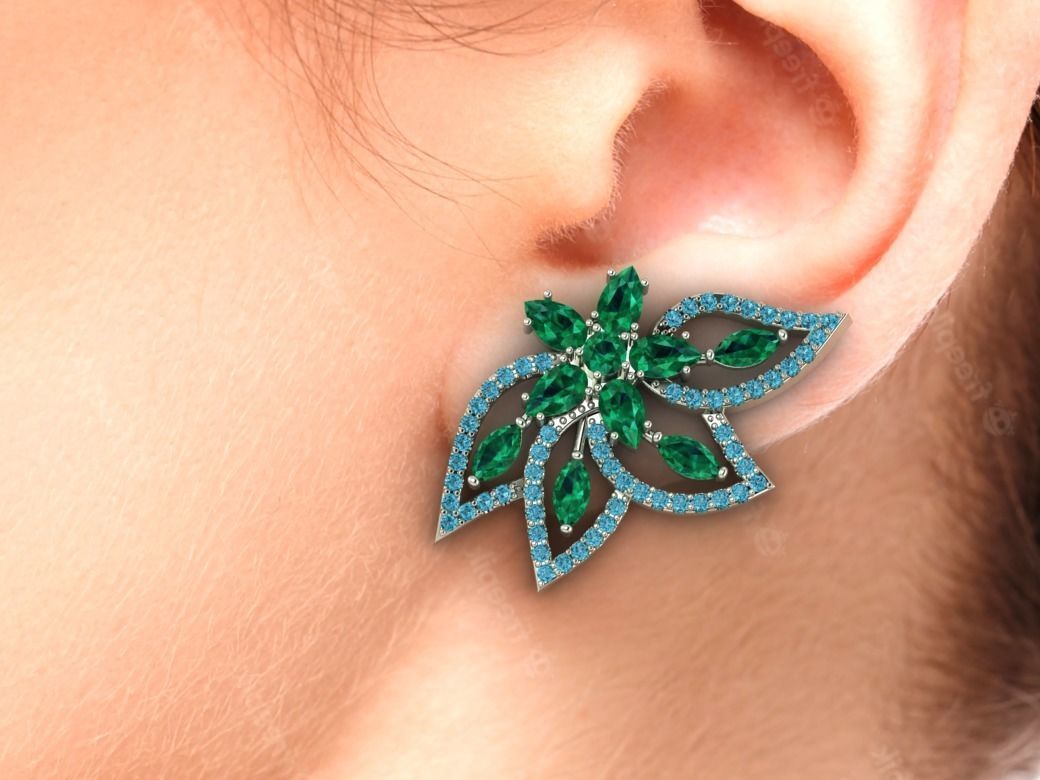 Earring in the shape of a flower with leaves in diamonds 3D print model_1