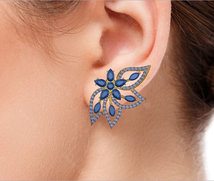 Earring in the shape of a flower with leaves in diamonds 3D print model_5