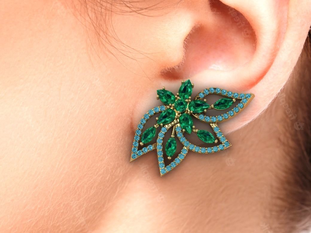 Earring in the shape of a flower with leaves in diamonds 3D print model_3