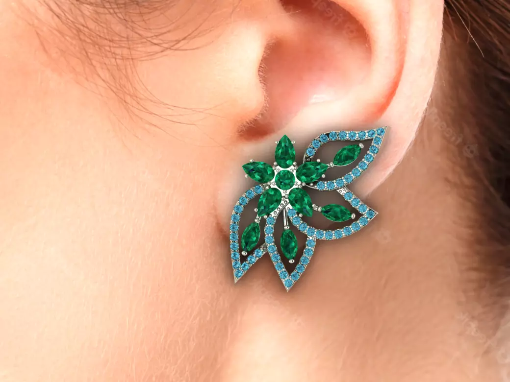 Earring in the shape of a flower with leaves in diamonds 3D print model_0