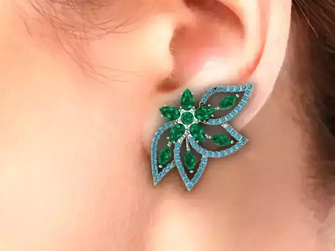 Earring in the shape of a flower with leaves in diamonds