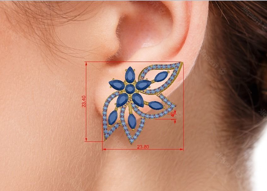 Earring in the shape of a flower with leaves in diamonds 3D print model_4