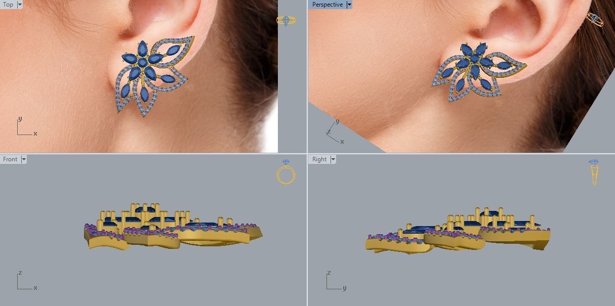 Earring in the shape of a flower with leaves in diamonds 3D print model_8