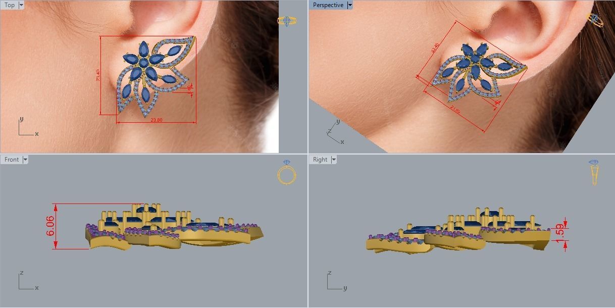 Earring in the shape of a flower with leaves in diamonds 3D print model_9