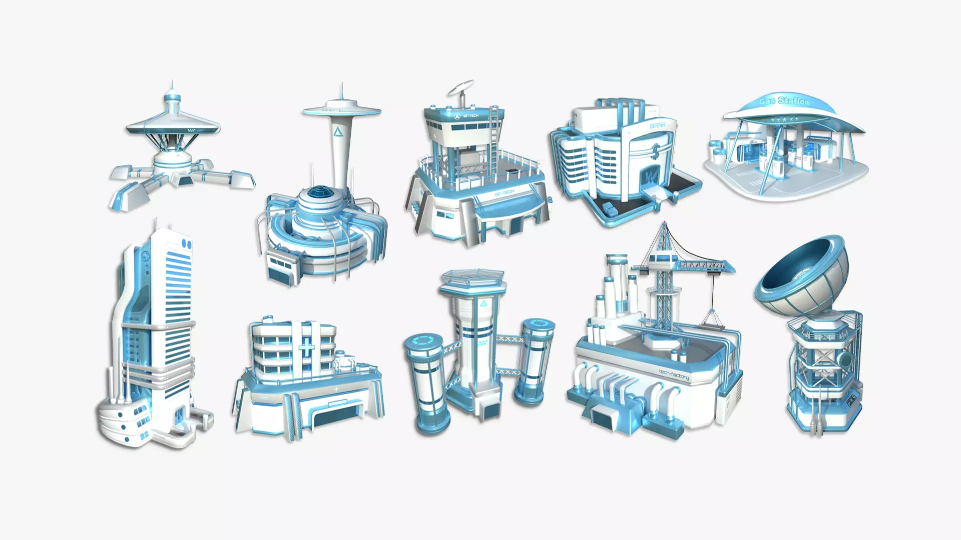 10 Sci Fi Buildings Collection A - White Blue - Exterior Design _0