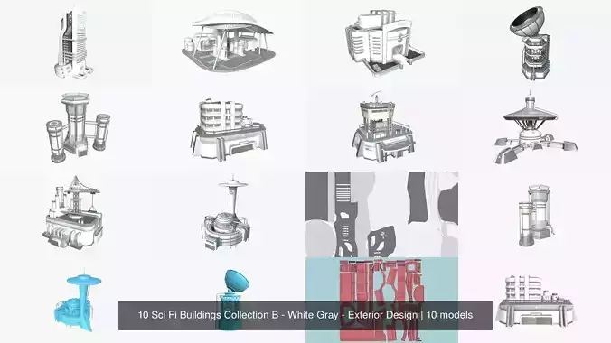 10 Sci Fi Buildings Collection B - White Gray - Exterior Design 3D Model Pack 2