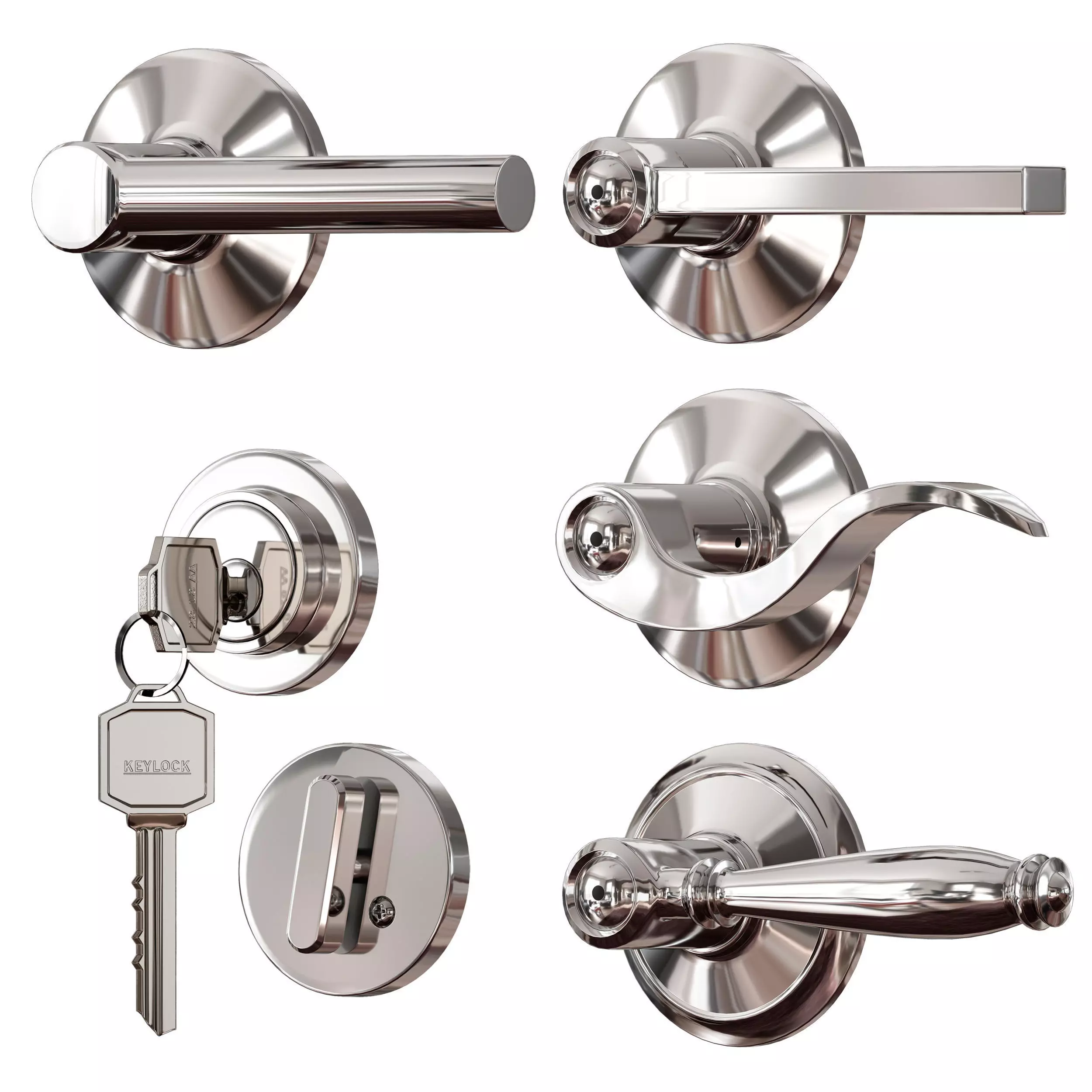 Chrome plated metal door handles lock and key 3D model_0