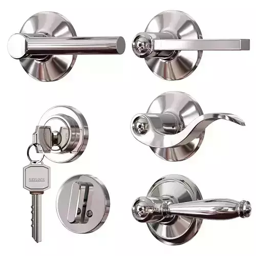 Chrome plated metal door handles lock and key 3D model