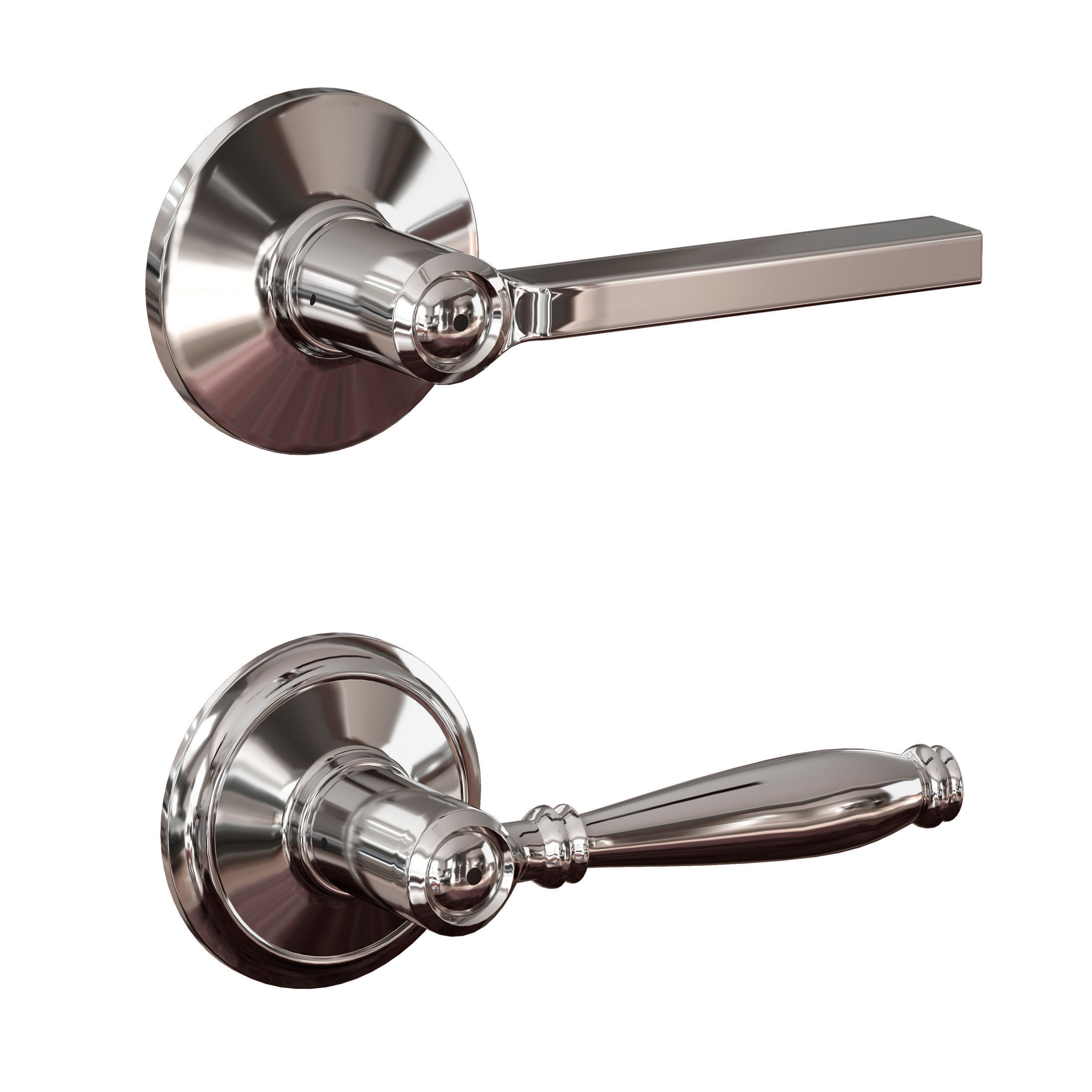 Chrome plated metal door handles lock and key 3D model_4