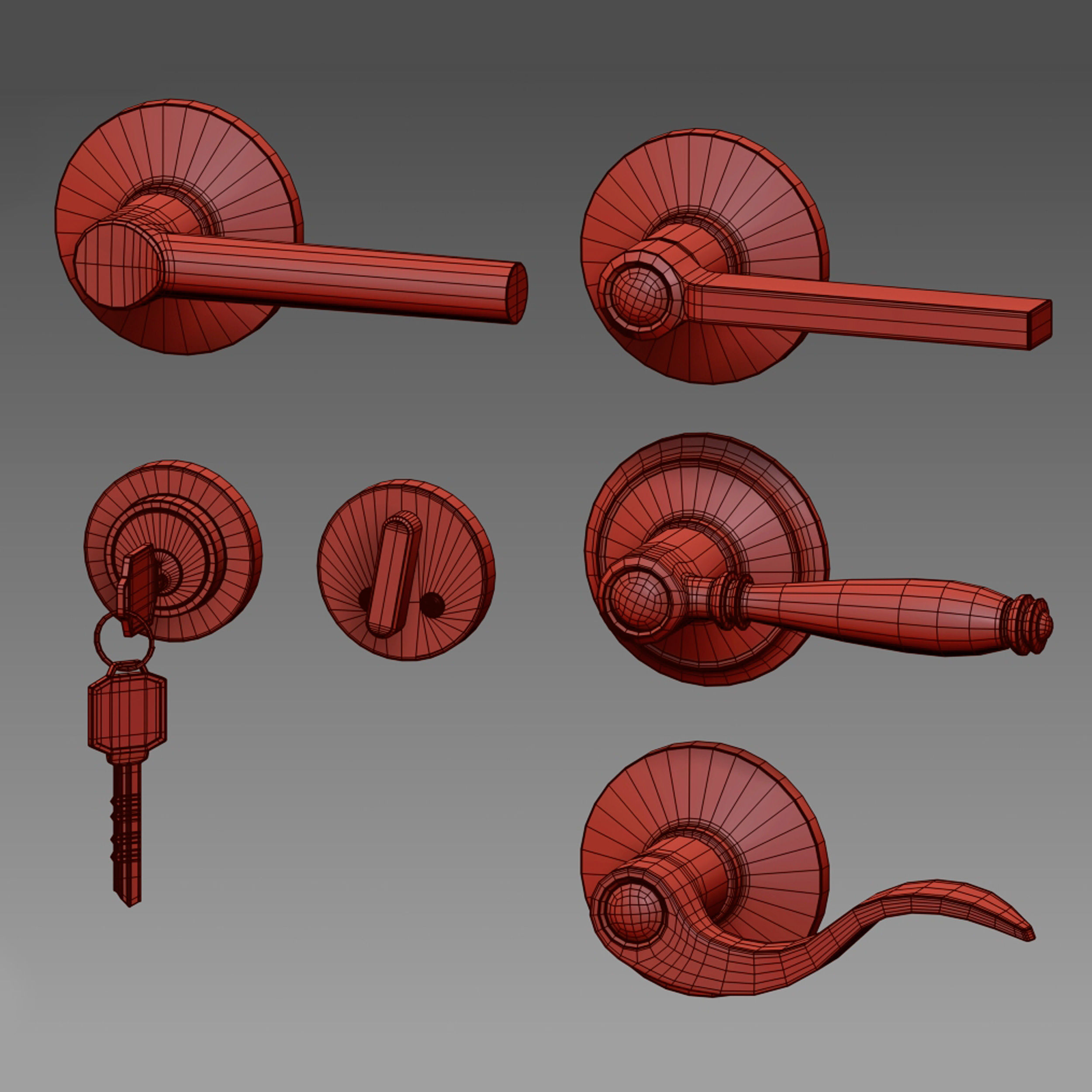 Chrome plated metal door handles lock and key 3D model_9