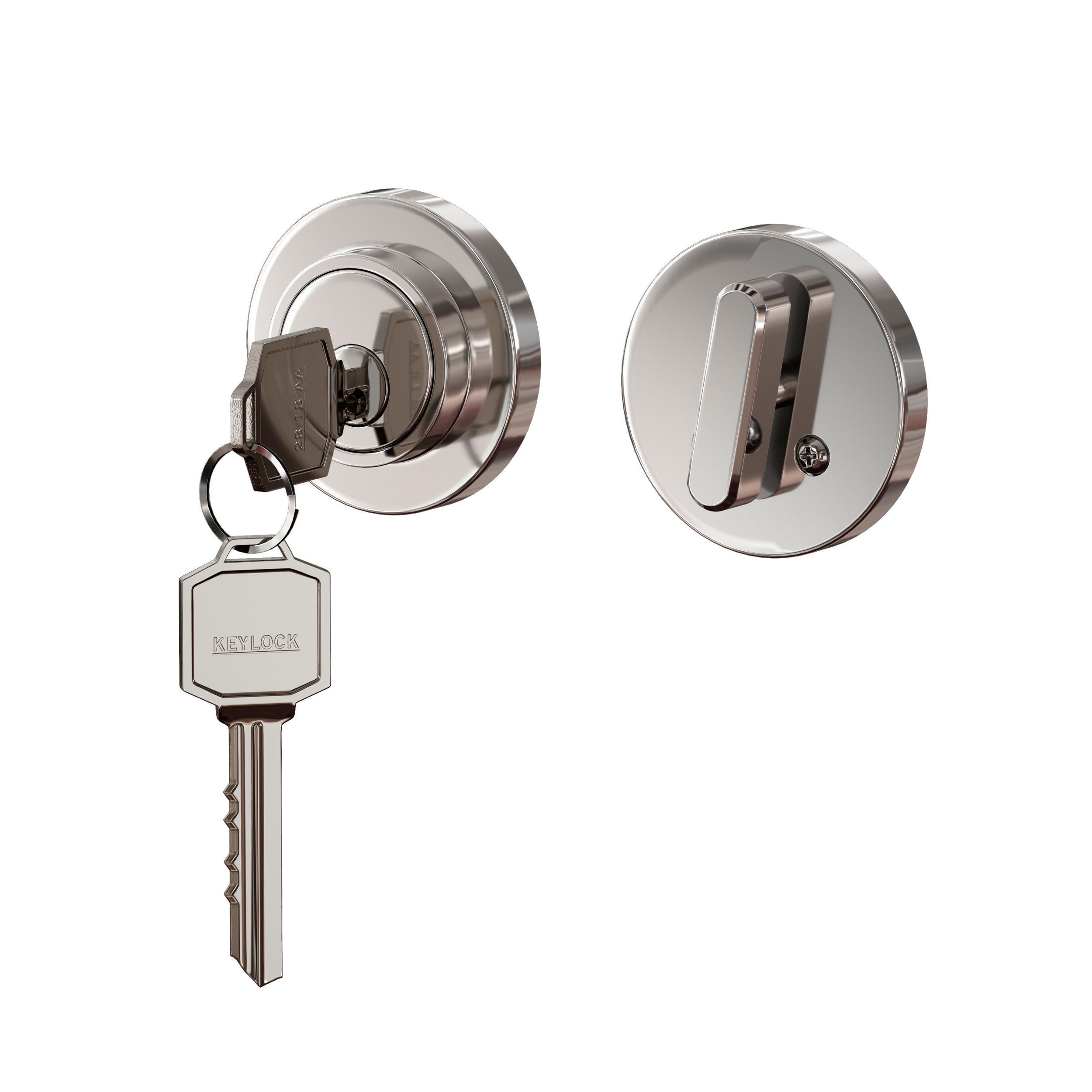 Chrome plated metal door handles lock and key 3D model_2