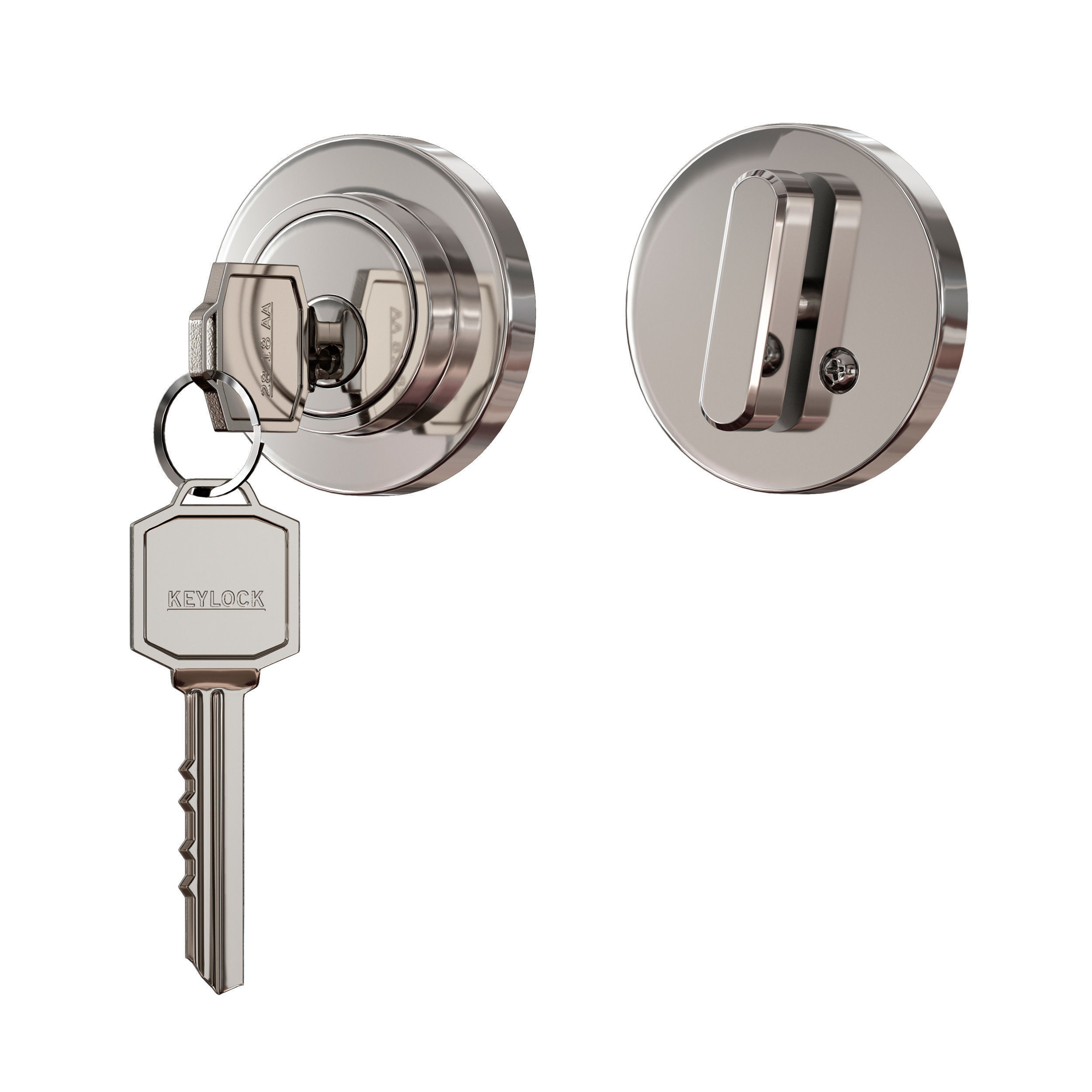 Chrome plated metal door handles lock and key 3D model_1