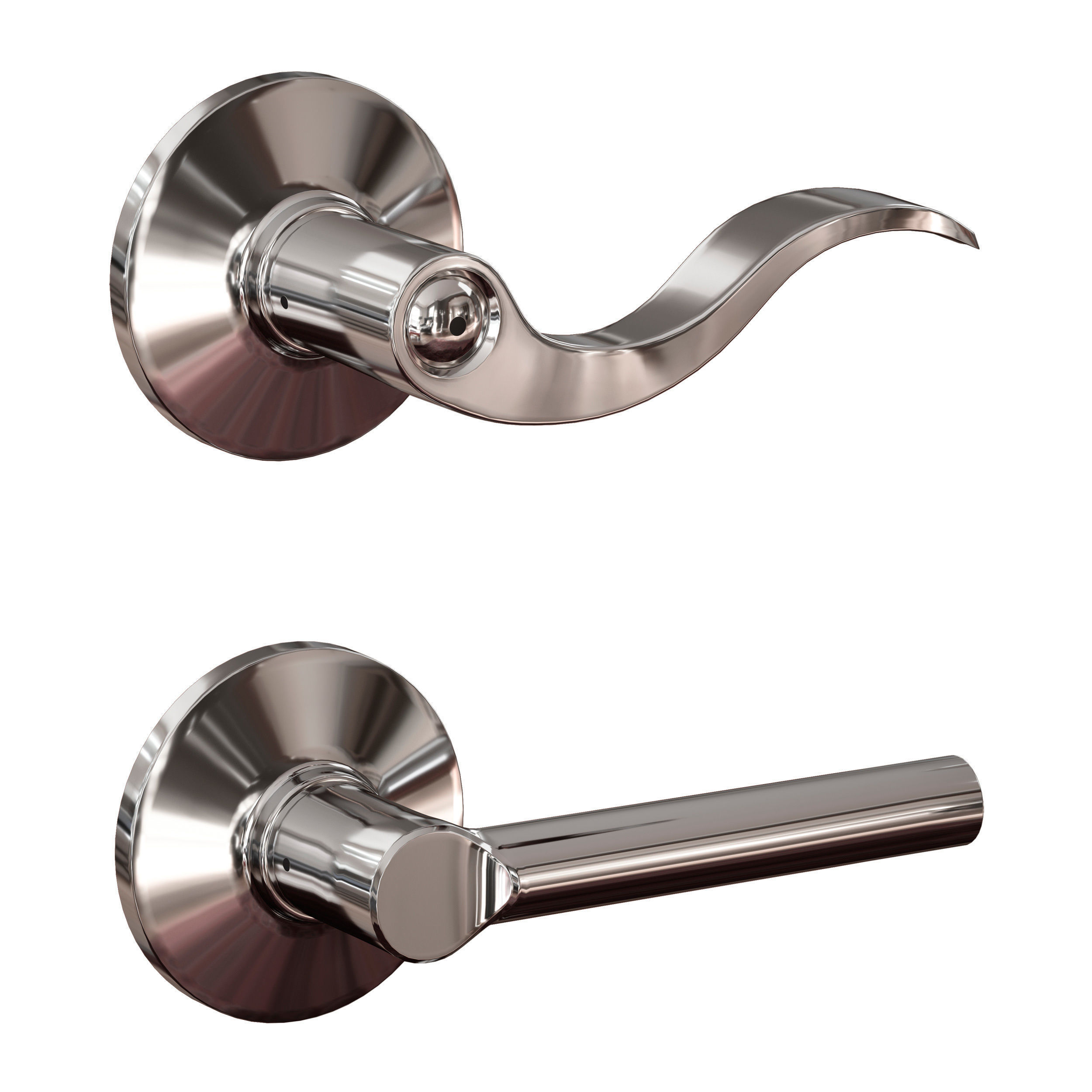 Chrome plated metal door handles lock and key 3D model_3
