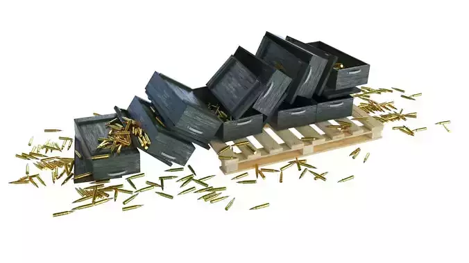 Ammunition Wood Boxes Palet with Bullets in the Floor