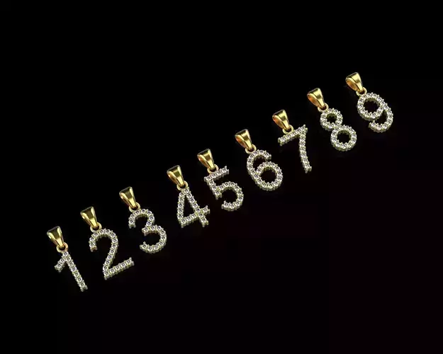 Numbers Collection 1 - 9 gold number pendant with diamonds 3D print model