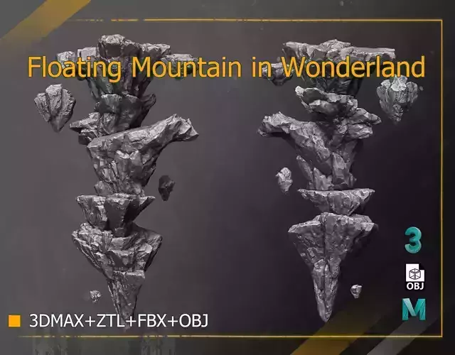  Natural Rocks of Floating Mountain in Wonderland 3D High-Poly