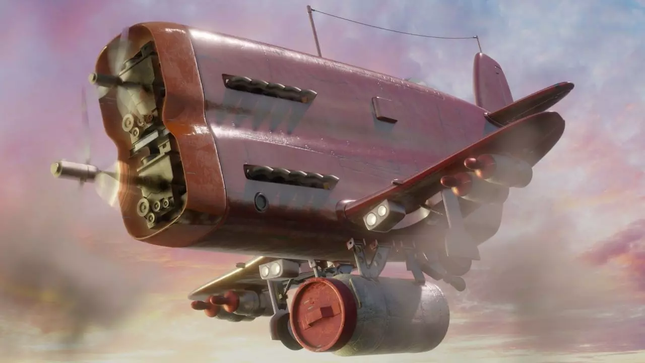Plane steampunk airplane flying in sky 3D model_0