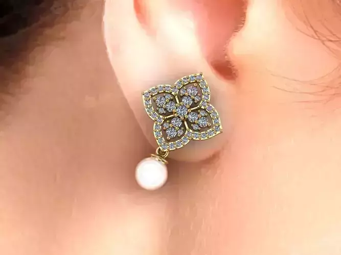 Four leaf clover earrings with pearl 3D print model
