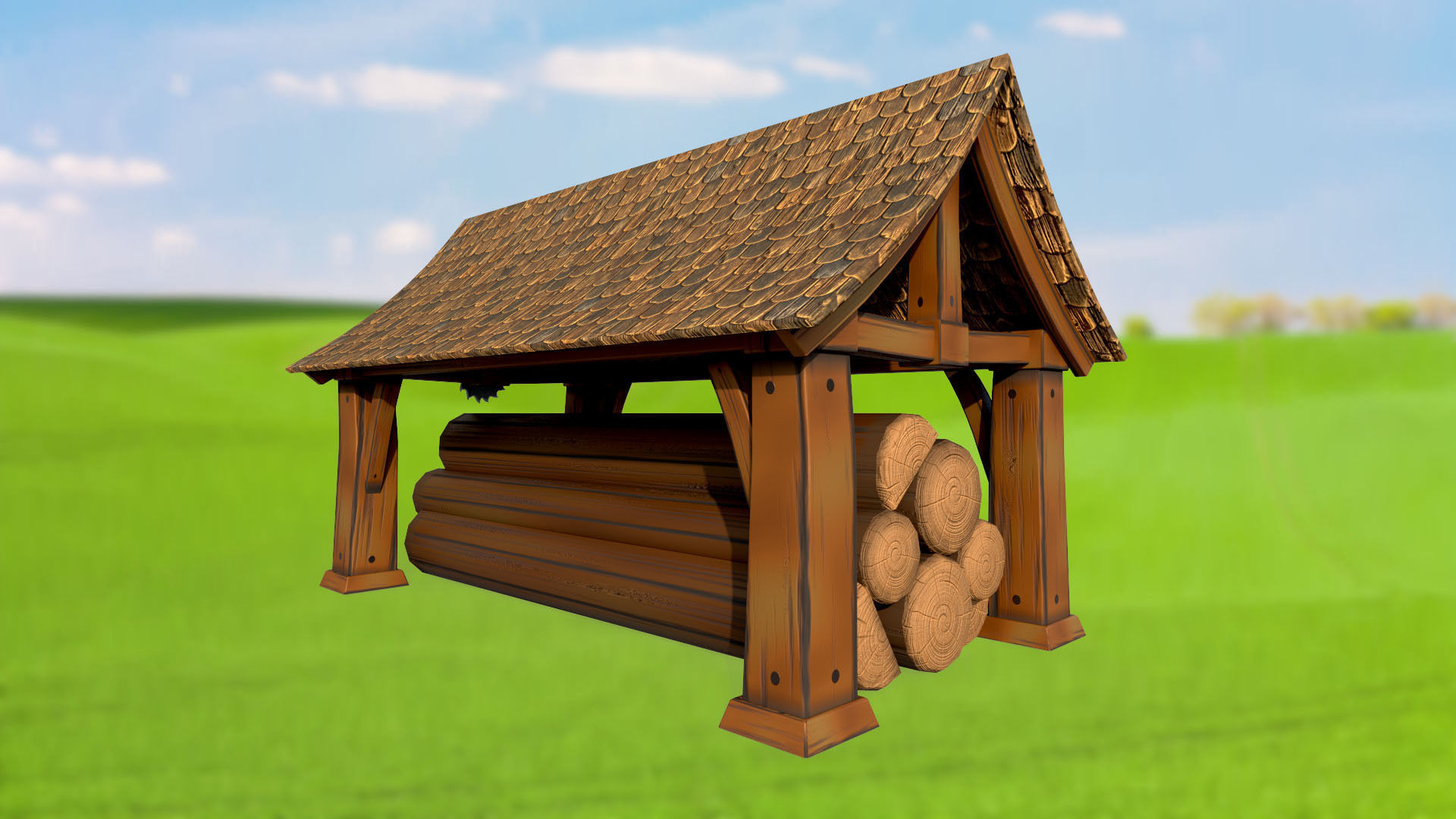 Stylized log shed sawmill PBR game ready Low-poly 3D model_4