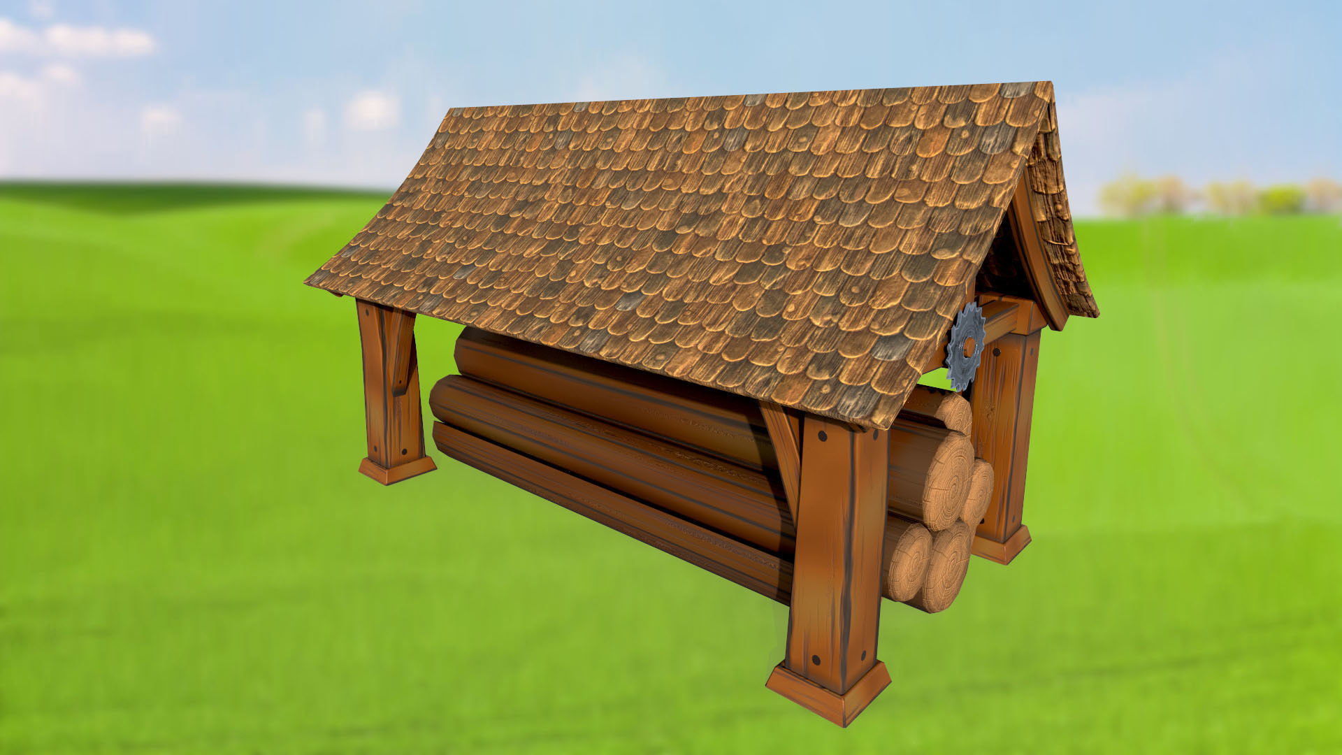Stylized log shed sawmill PBR game ready Low-poly 3D model_1