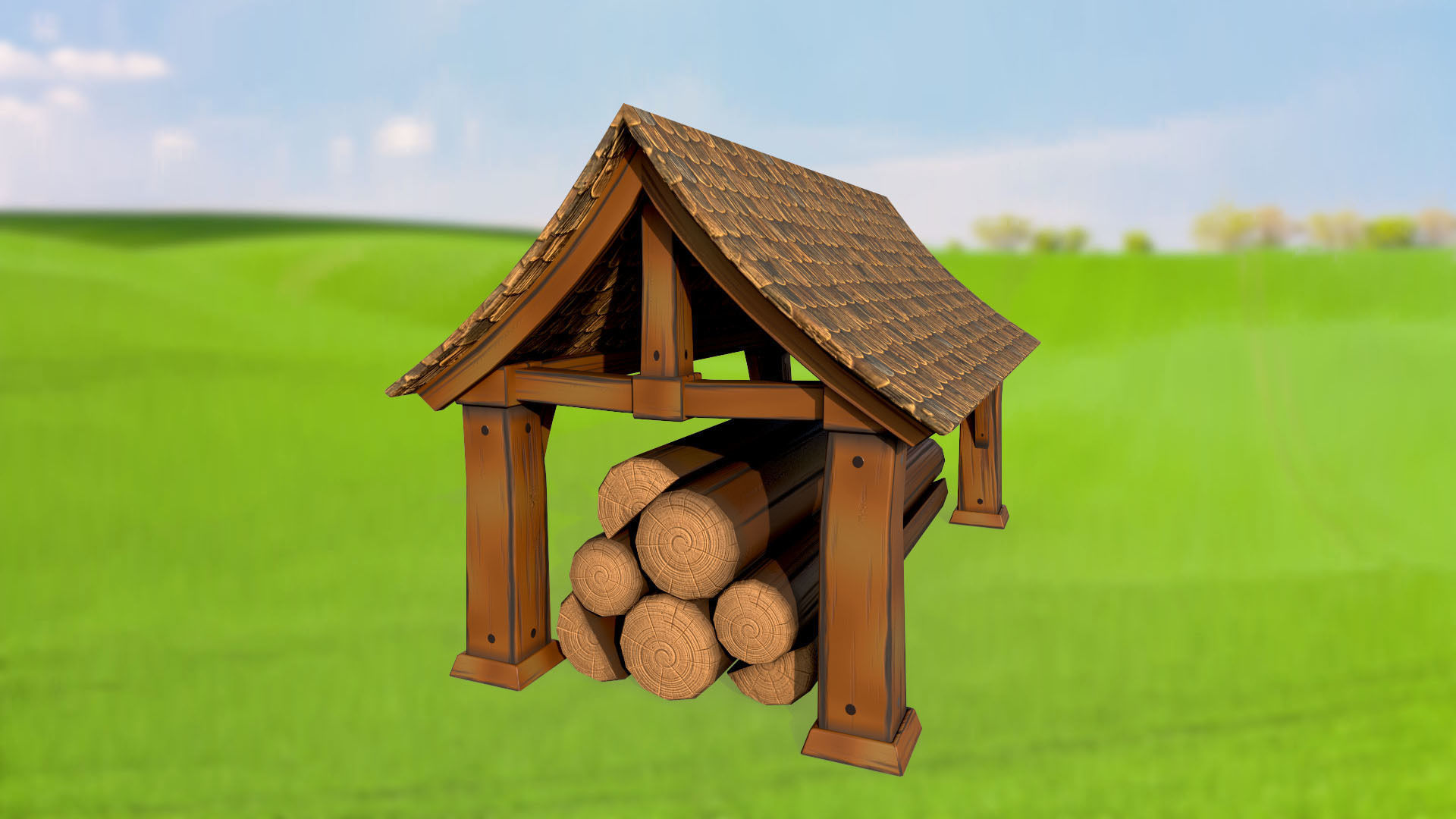 Stylized log shed sawmill PBR game ready Low-poly 3D model_3