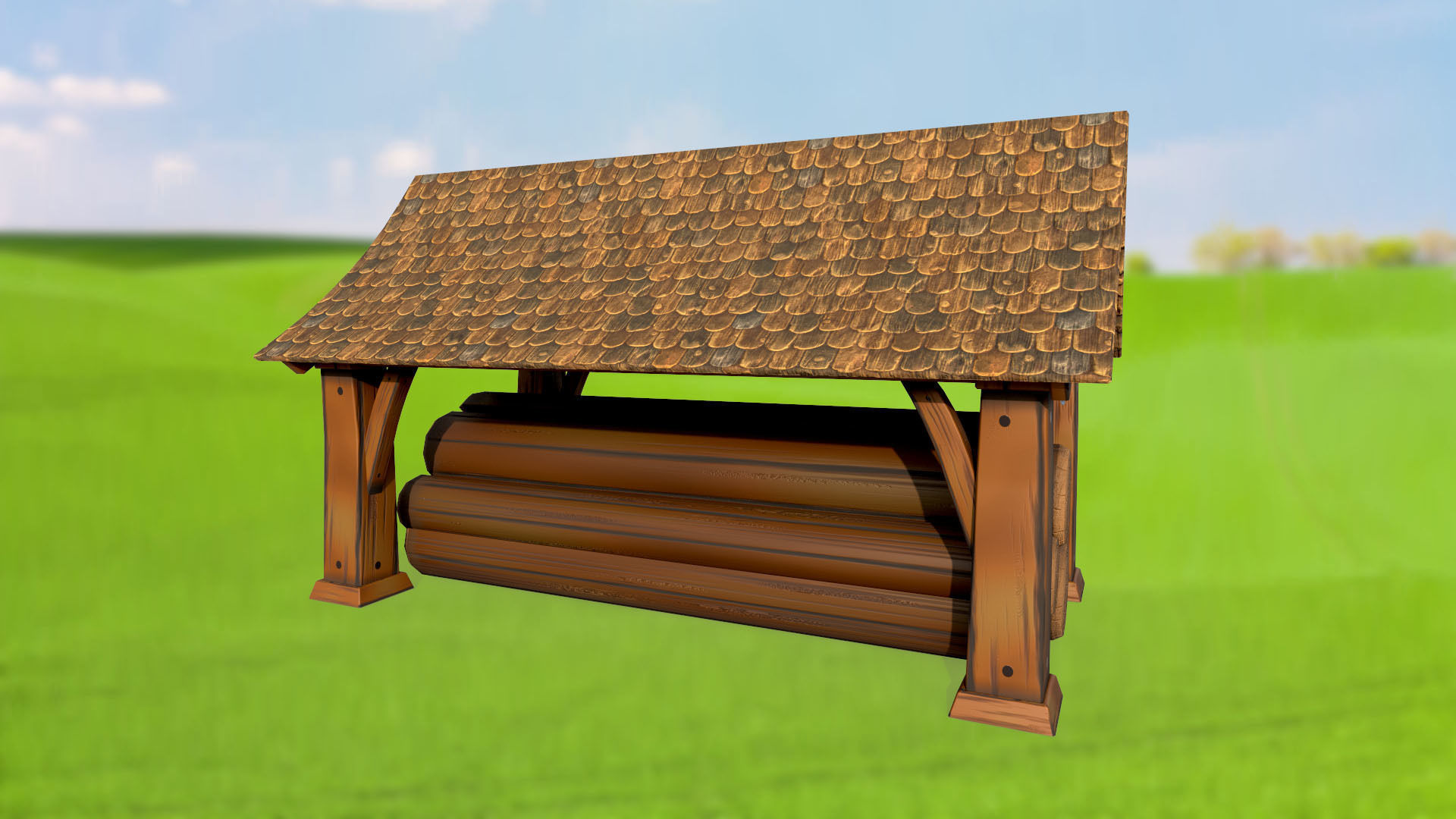 Stylized log shed sawmill PBR game ready Low-poly 3D model_2