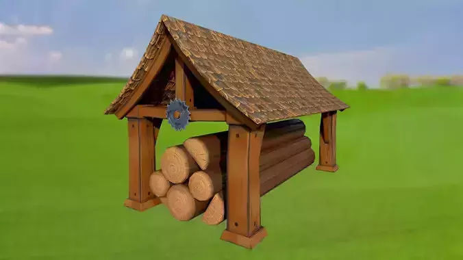 Stylized log shed sawmill PBR game ready Low-poly 3D model