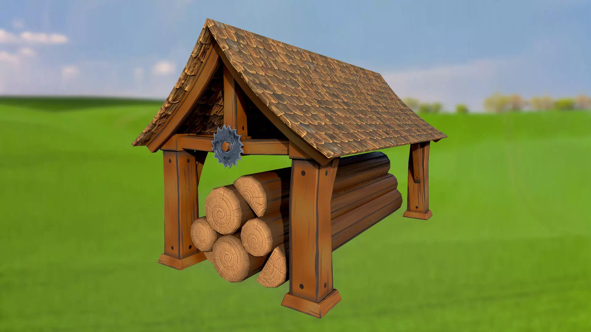 Stylized log shed sawmill PBR game ready Low-poly 3D model_0